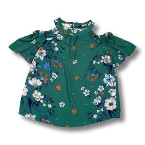 Monteau Ruffled Key-hole Neck Floral Cold Shoulder Blouse • Large Juniors • NWT
